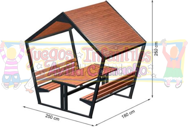 ESTRUCTURA FABRICADA DE METAL PARA USO RUDO ASIENTOS Y TECHO DE MADERA TRATADA PARA SU USO EN EXTERIOR